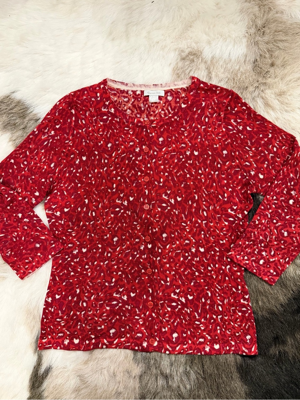Garnet Hill 100% Merino Lightweight Red Leopard Button Cardigan Sweater Small